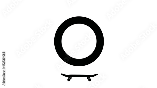 Black circle above a skateboard in a minimalist illustration on white background