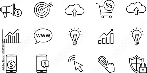 Business, Marketing, Finance, Technology Outline Icons Set. Web, App  Digital Commerce Symbols Collection