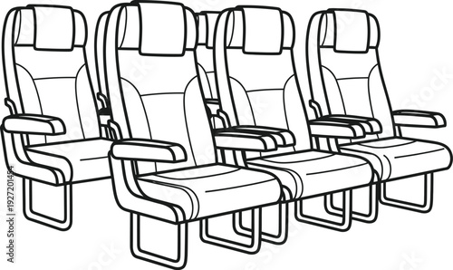 Line drawing of multiple airplane seats in a row showcasing a modern interior design on transparent background silhouette high quality professional