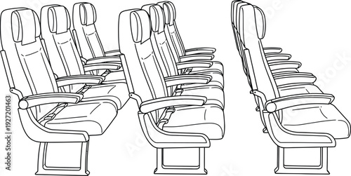 A detailed black and white line drawing depicting multiple rows of bus or theater seats on transparent background silhouette high quality