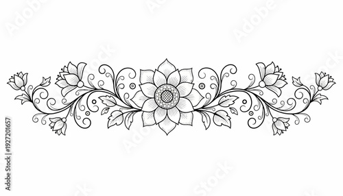 Ornate floral motif vector design, symmetrical decorative flower pattern, swirling vines and leaves, grayscale botanical art, elegant ornamental illustration, intricate nature inspired decorative bord