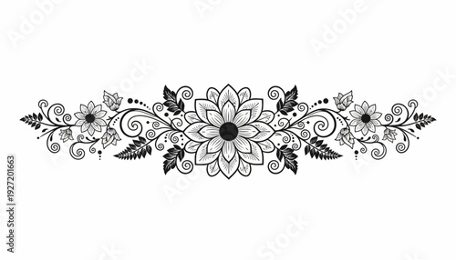 Ornate floral motif vector design, symmetrical decorative flower pattern, swirling vines and leaves, grayscale botanical art, elegant ornamental illustration, intricate nature inspired decorative bord
