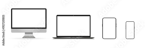 A collection of sleek digital devices featuring a desktop monitor, a laptop, еtablet and smartphones displayed against a simple background. Mock up Vector