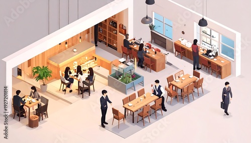 Isometric view of a bright, modern restaurant interior with people dining and working