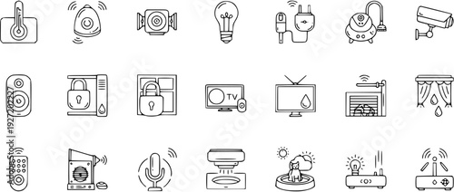 Smart Home Automation Line Icons Set: IoT Devices for Digital House Control - Temperature, Security, Lighting, Appliances