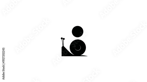 Black graphic of a stylized snail with a dot above. Whimsical design on white background