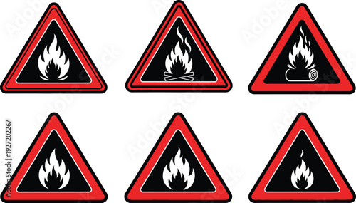 Set of six triangular warning signs with fire icons red borders black silhouettes on transparent background high quality professional detailed modern