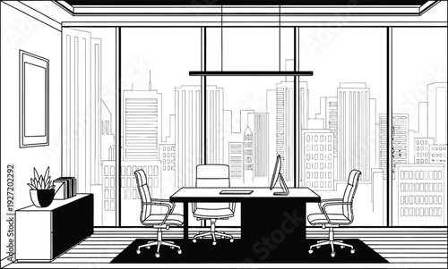 Modern office interior design illustration depicting a desk chairs window view and cityscape rendered as a black and white silhouette on transparent background