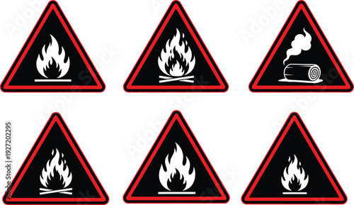 Set of six triangular warning signs depicting fire firewood and smoke presented as a silhouette on transparent background high quality professional