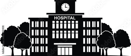 Black and white silhouette of a hospital building with trees and a clock tower perfect for logos on transparent background
