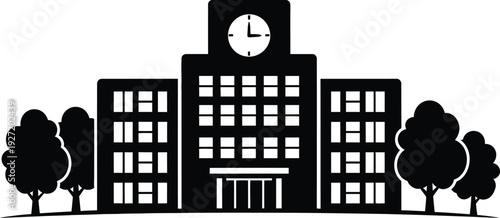 Black and white silhouette of a building with a clock tower flanked by trees on transparent background perfect for versatile design