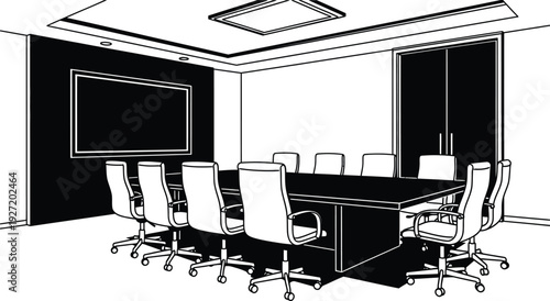 Black and white interior illustration depicts a modern conference room with a large screen and seating on transparent background silhouette