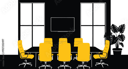 Modern office interior with a conference table chairs window view and potted plant rendered as a black silhouette on transparent background