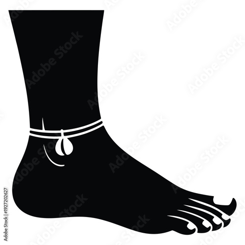 Female Foot Silhouette with Seashell Anklet Vector – Summer Beach Jewelry Illustration for Boho Fashion, Tropical Vacation, Coastal Lifestyle, and Seaside Decor Design