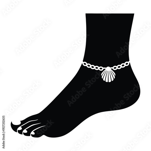 Foot with Shell Anklet Silhouette Vector – Summer Beach Jewelry Illustration for Tropical Fashion, Barefoot Design, Boho Accessory, Seaside Lifestyle, and Coastal Art