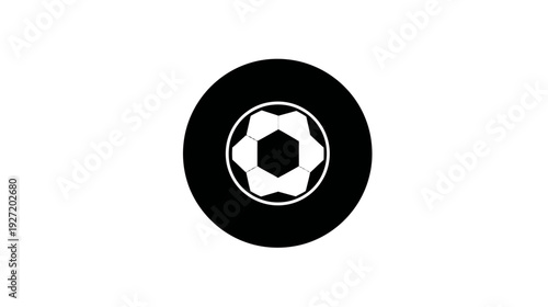 A simple monochrome illustration featuring a football icon enclosed within a black circular frame on a white backdrop