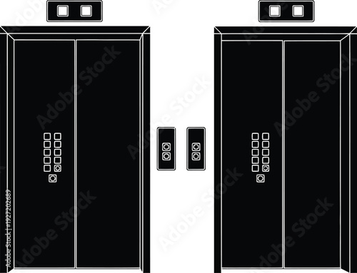 Black elevator doors silhouette with control panels and buttons modern design on transparent background high quality professional detailed elegant stylish clean