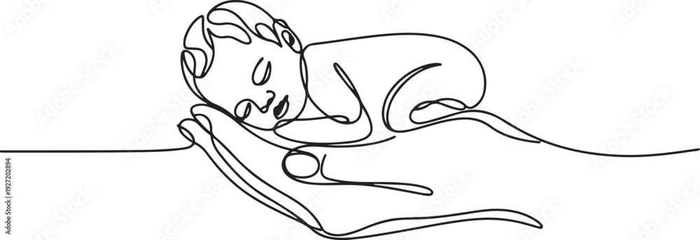 Naklejka premium A small premature baby lies on the palm of his hand. Premature birth. World Prematurity Day. one line art icon drawing vector