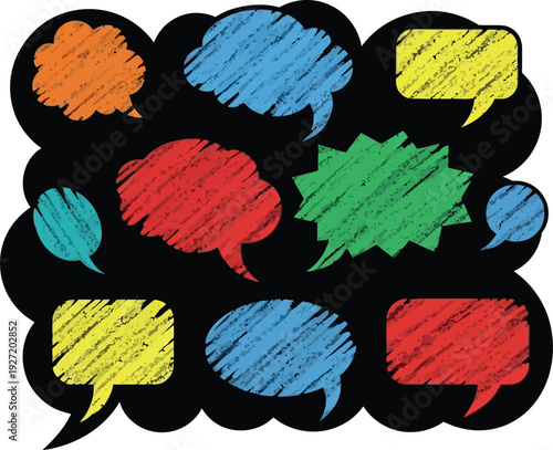 Colorful speech bubbles arranged in a cluster featuring textured surfaces and a silhouette on transparent background high quality professional detailed modern