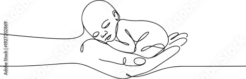 A small premature baby lies on the palm of his hand. Premature birth. World Prematurity Day. one line art icon drawing vector