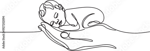 A small premature baby lies on the palm of his hand. Premature birth. World Prematurity Day. one line art icon drawing vector