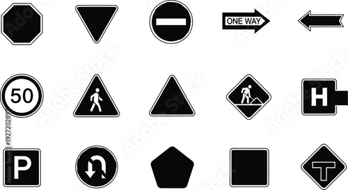 Collection of fifteen black and white road and traffic sign icons on a white background