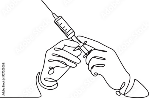 The anesthesiologist holds a syringe with an anesthetic in his hands. World Anaesthesia Day. one line art icon drawing vector
