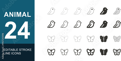 Animal 24 Icons A Diverse Collection of Editable Stroke Line Art Featuring Birds and Butterflies