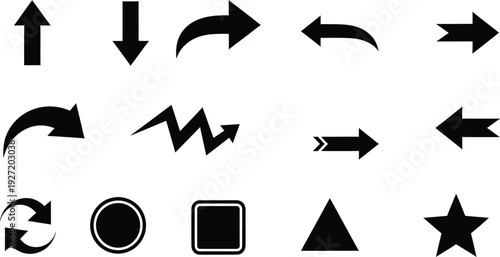 A collection of black vector icons featuring various arrows and basic geometric shapes on white.
