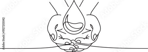 Man's hands hold a drop of water. The most important natural resource on the planet. A drop of water with a wave inside. one line art icon drawing vector