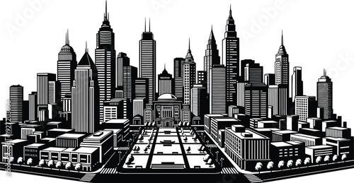 Detailed black and white skyline silhouette of a modern city with skyscrapers and a central plaza on transparent background high quality