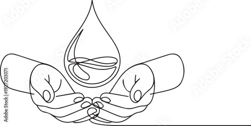 Man's hands hold a drop of water. The most important natural resource on the planet. A drop of water with a wave inside. one line art icon drawing vector