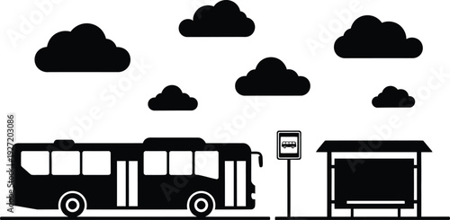 Black and white silhouette of a bus at a stop with fluffy clouds above suitable for design projects on transparent background