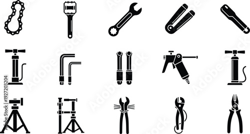 A collection of black and white icons representing various bicycle repair tools and equipment.