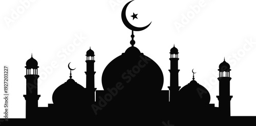 Black silhouette of a majestic mosque with minarets domes and crescent moon on transparent background high quality professional detailed modern elegant