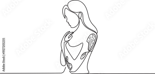 A woman with multiple psoriasis rashes all over her body. International Psoriasis Day. one line art icon drawing vector