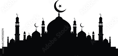 Detailed silhouette of a grand mosque with multiple minarets and crescent moons on transparent background high quality professional detailed modern elegant