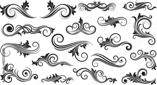 Collection of intricate black and white ornamental flourishes and swirls a decorative element set on transparent background silhouette high quality professional