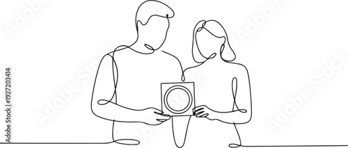 A man and a woman are holding a condom. Conscious attitude to health and future. one line art icon drawing vector