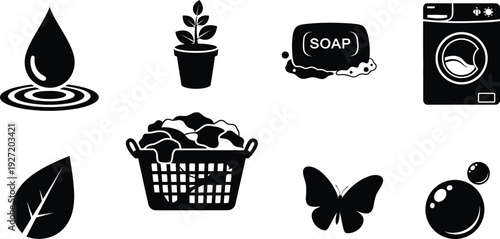 Black and white icons depicting water plant laundry soap and cleaning elements presented as a silhouette on transparent background high quality
