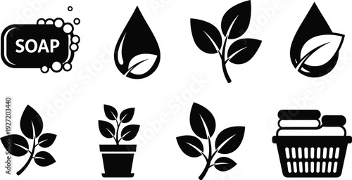 Black and white icons depicting soap leaves water droplets a plant in a pot and a bar of soap on transparent background silhouette
