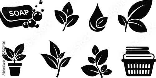 Soap bar leaves plant and basket icon set in black silhouette on transparent background ideal for natural and organic designs