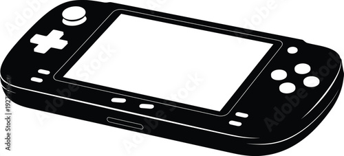 Black silhouette of a handheld gaming console with buttons and screen isolated on transparent background high quality professional detailed modern elegant