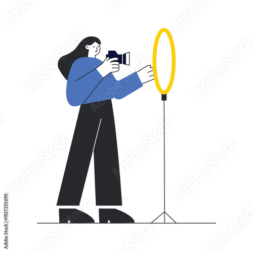 Woman photographer adjusting a yellow ring light and holding a professional camera vector illustration.