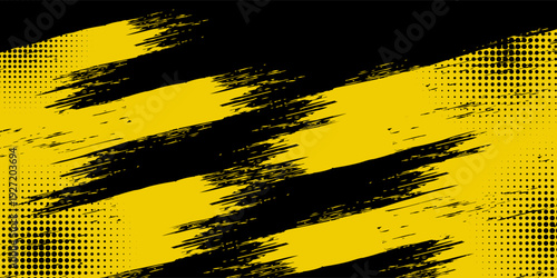 Abstract yellow dirty grunge on black background with halftone effect design. Sports background concept with grunge brush stroke