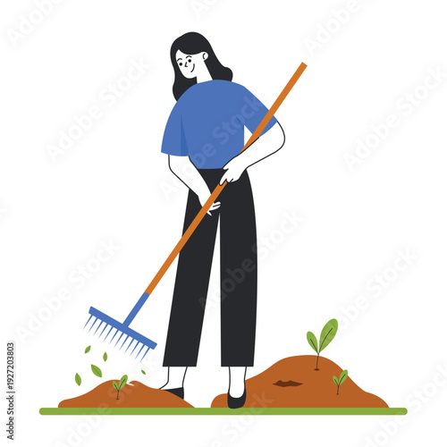 Woman gardening and raking leaves in the backyard vector illustration.