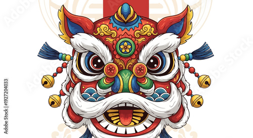 Ornate Chinese lion dance mask with bells and tassels