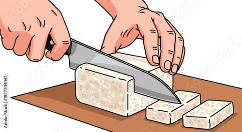 Person cutting tempeh on a wooden board.