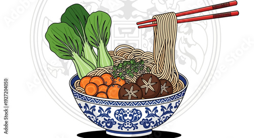 Asian noodle soup with bok choy, carrots, and mushrooms