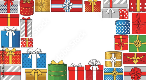 Colorful Gift Boxes Border Frame on White Background